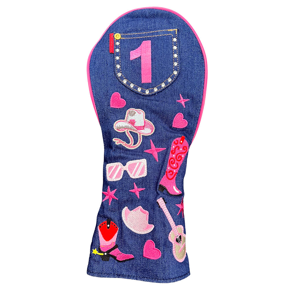 Western women’s driver head cover with denim-inspired design, pink cowgirl boots, hats, guitar and rhinestone pocket
