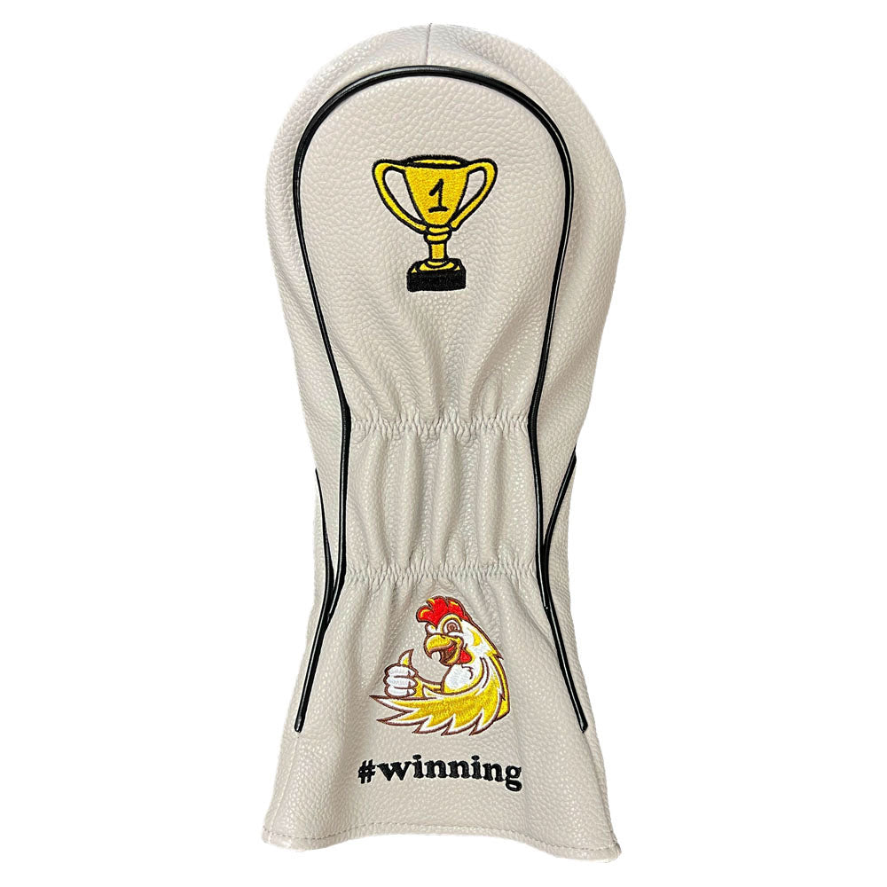 Golf club driver head cover with trophy and rooster design on the backside on a white background