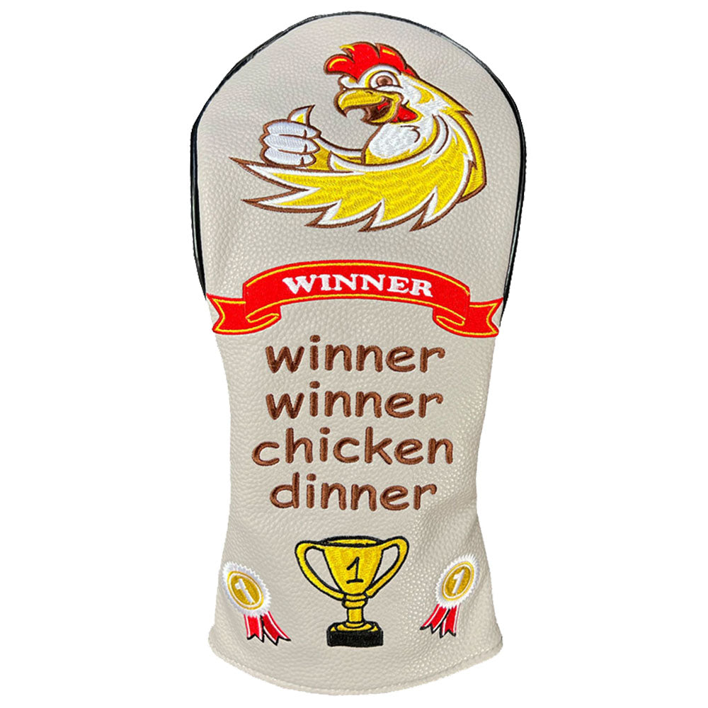 Golf club driver head cover with a chicken design and 'winner winner chicken dinner' text on a white background