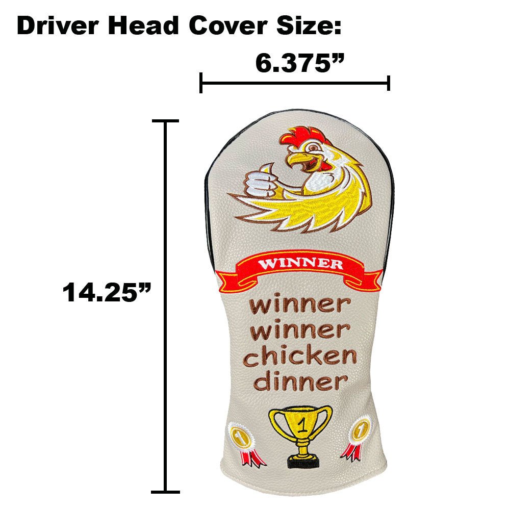Golf driver head cover with chicken design and text, shown with measurements on a white background.