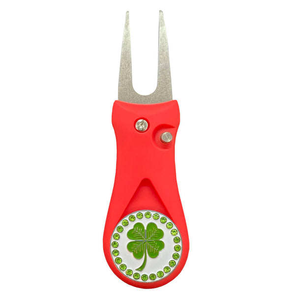 Giggle Golf Bling Four Leaf Clover Golf Ball Marker On A Plastic, Red, Divot Repair Tool