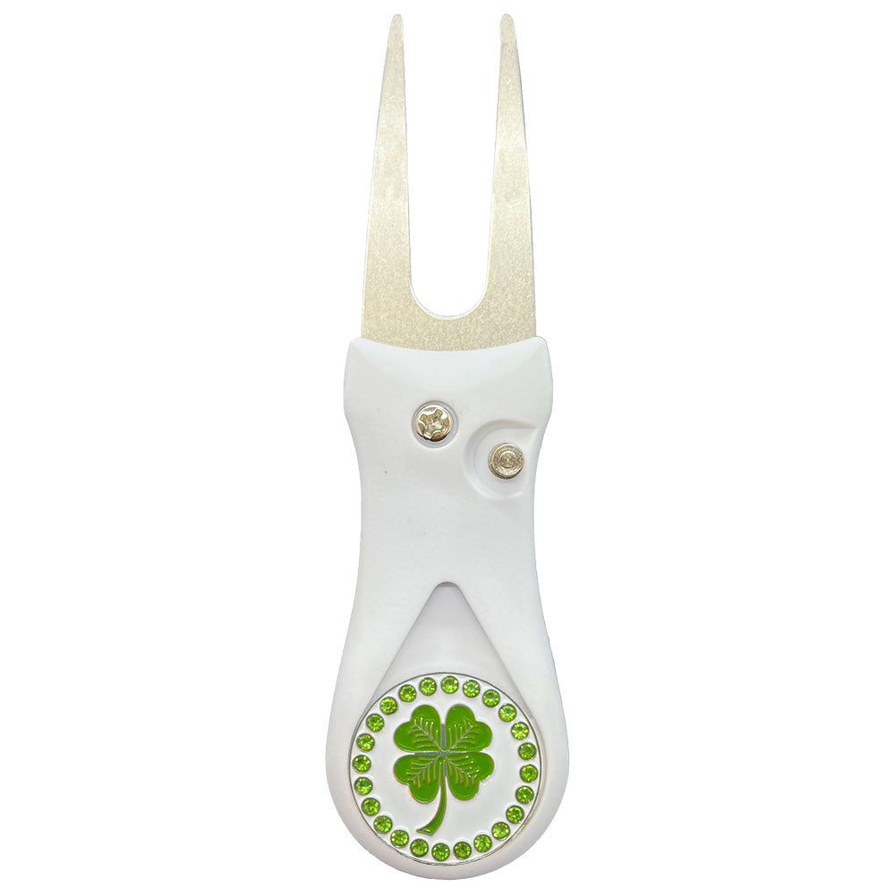 Giggle Golf Bling Four Leaf Clover Golf Ball Marker On A Plastic, White, Divot Repair Tool