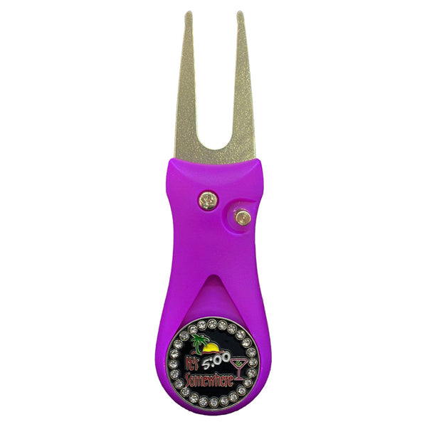 Giggle Golf Bling Five O’clock Somewhere Ball Marker On A Plastic, Purple, Divot Repair Tool