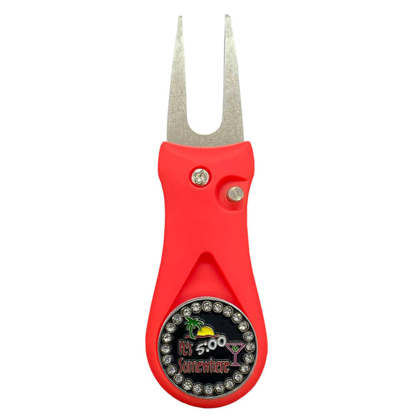 Giggle Golf Bling Five O’clock Somewhere Ball Marker On A Plastic, Red, Divot Repair Tool