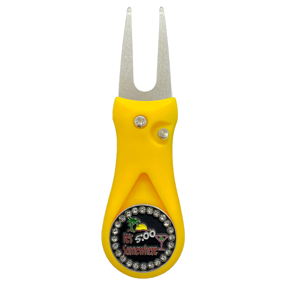 Giggle Golf Bling Five O’clock Somewhere Ball Marker On A Plastic, Yellow, Divot Repair Tool