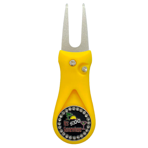 Giggle Golf Bling Five O’clock Somewhere Ball Marker On A Plastic, Yellow, Divot Repair Tool