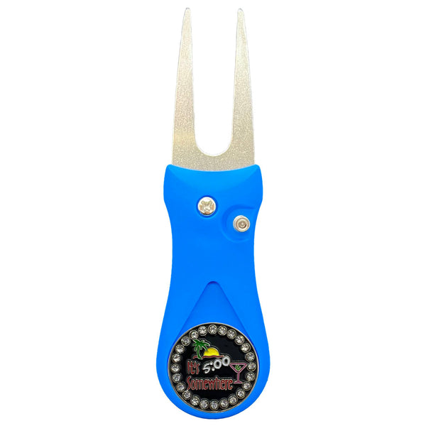 Giggle Golf Bling Five O’clock Somewhere Ball Marker On A Plastic, Blue, Divot Repair Tool