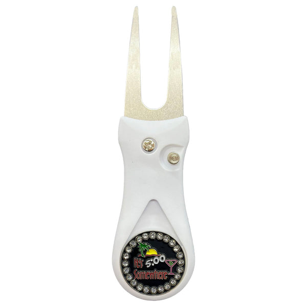 Giggle Golf Bling Five O’clock Somewhere Ball Marker On A Plastic, White, Divot Repair Tool