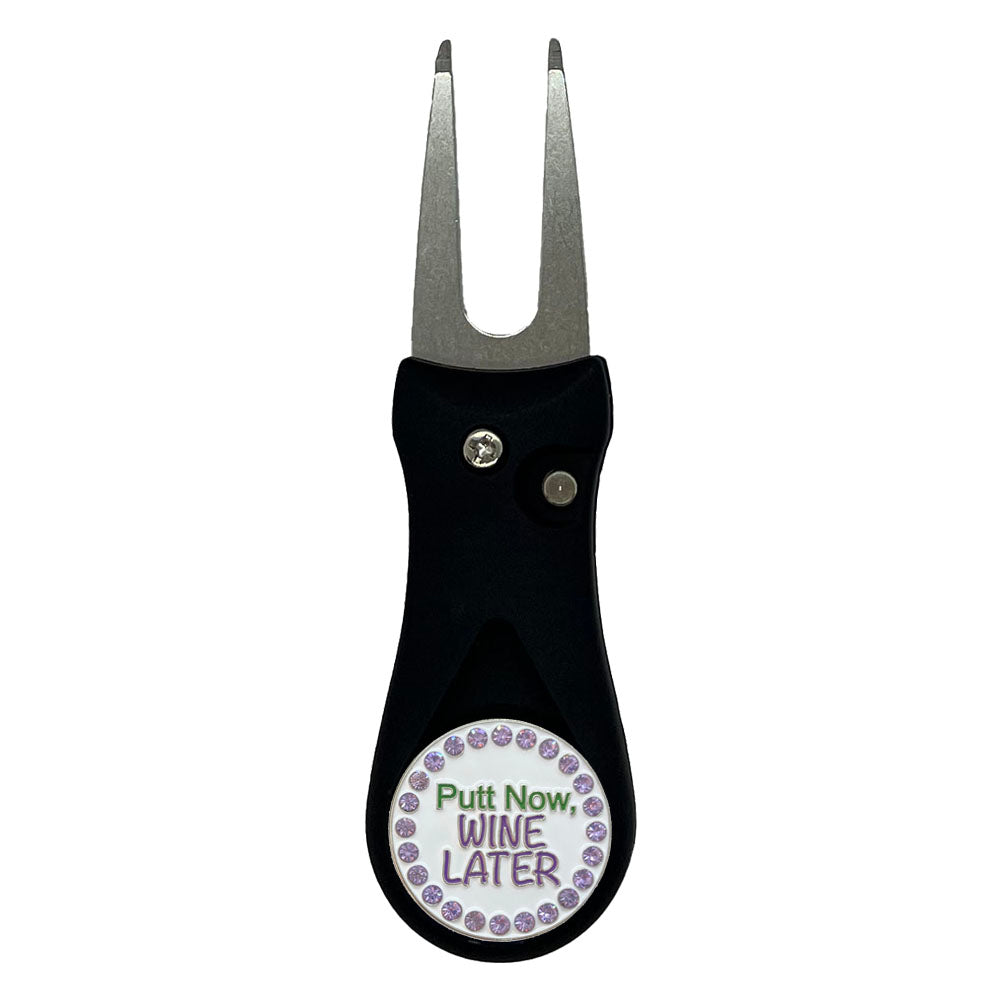 Giggle Golf Bling Putt Now Wine Later Ball Marker On A Plastic, Black, Divot Repair Tool