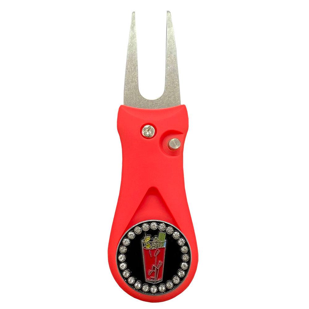 Bloody Mary marker on a red divot tool. Red drink on a black marker. This sparkly design for women golfers has bling accents.