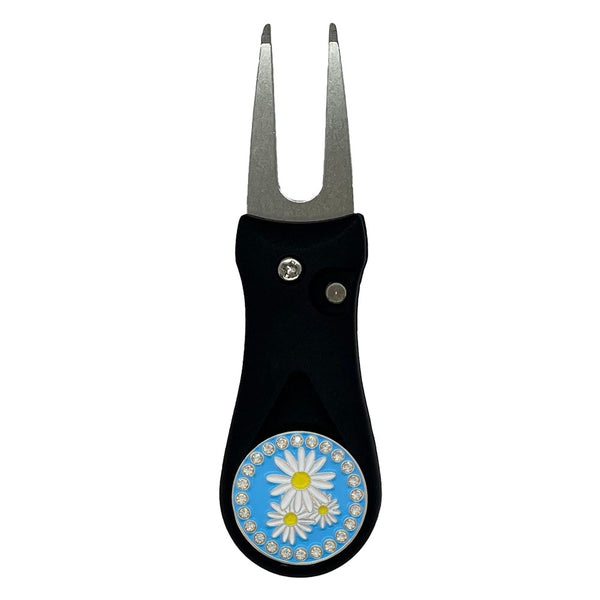 Giggle Golf Daisies Ball Marker On A Plastic, Black, Divot Repair Tool