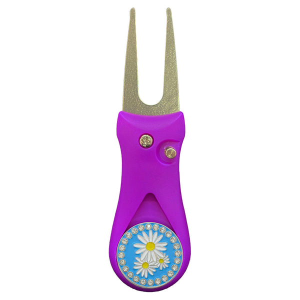 Giggle Golf Daisies Ball Marker On A Plastic, Purple, Divot Repair Tool
