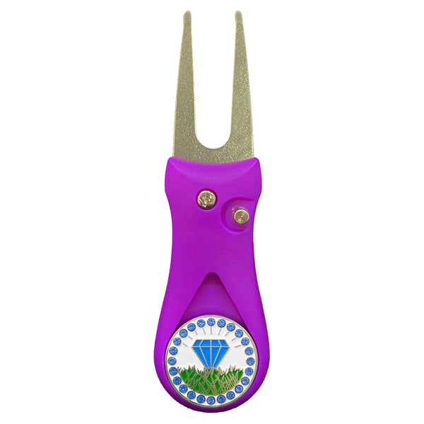 Giggle Golf Bling Blue Diamond In The Rough Ball Marker On A Plastic, Purple, Divot Repair Tool