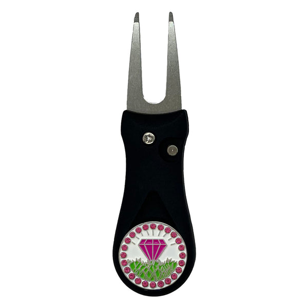 Giggle Golf Bling Pink Diamond In The Rough Ball Marker On A Plastic, Black, Divot Repair Tool