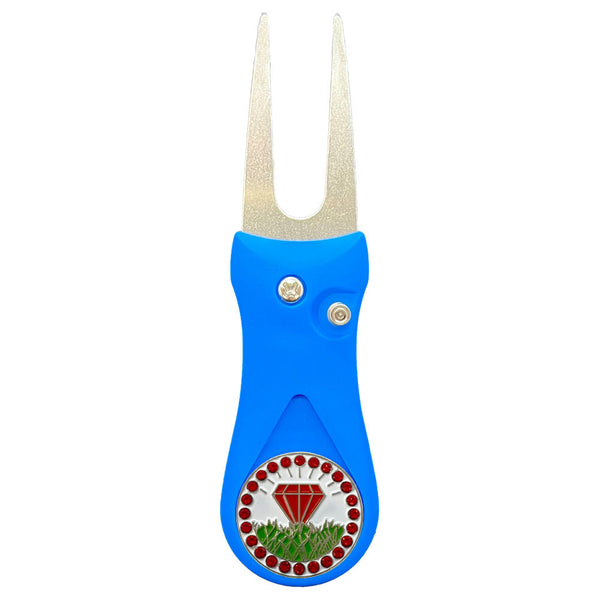 Giggle Golf Bling Red Diamond In The Rough Ball Marker On A Plastic, Blue, Divot Repair Tool
