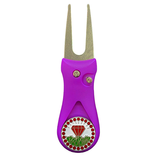Giggle Golf Bling Red Diamond In The Rough Ball Marker On A Plastic, Purple, Divot Repair Tool