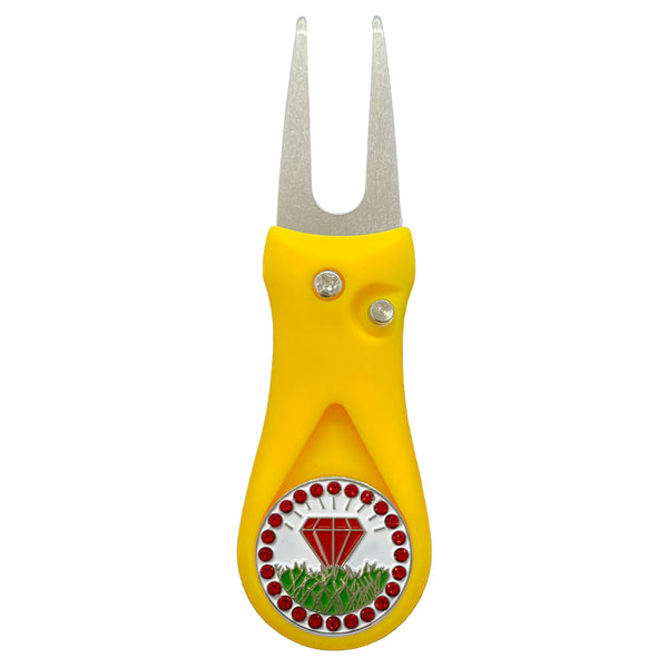 Giggle Golf Bling Red Diamond In The Rough Ball Marker On A Plastic, Yellow, Divot Repair Tool