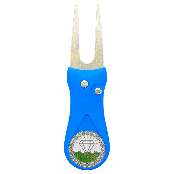 Giggle Golf Bling White Diamond In The Rough Ball Marker On A Plastic, Blue, Divot Repair Tool