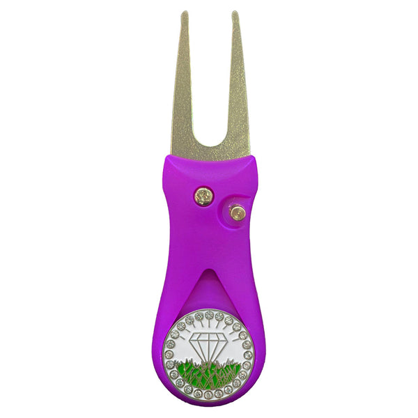 Giggle Golf Bling White Diamond In The Rough Ball Marker On A Plastic, Purple, Divot Repair Tool