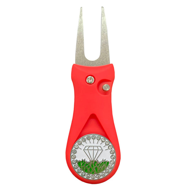 Giggle Golf Bling White Diamond In The Rough Ball Marker On A Plastic, Red, Divot Repair Tool