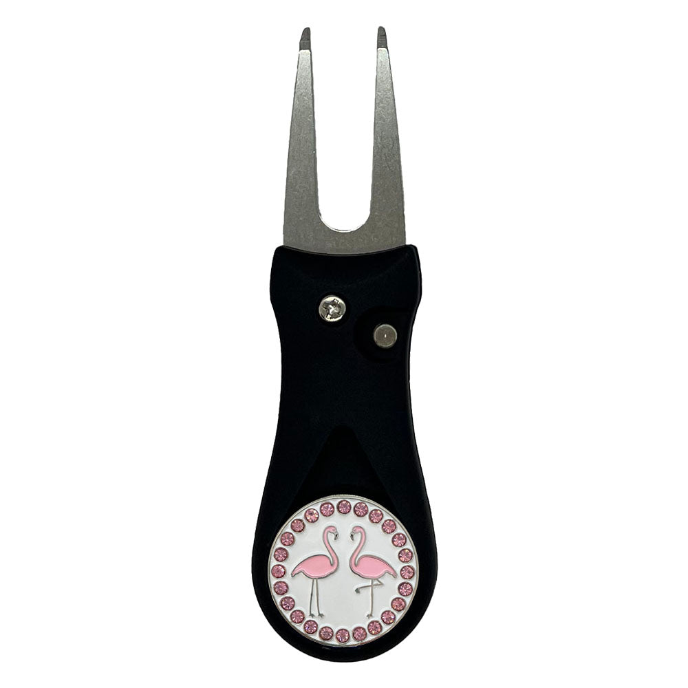 Giggle Golf Bling Pink Flamingos Ball Marker On A Plastic, Black, Divot Repair Tool