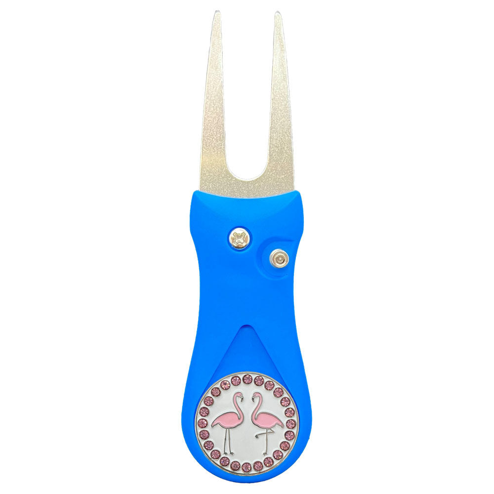 Giggle Golf Bling Flamingos Ball Marker On A Plastic, Blue, Divot Repair Tool