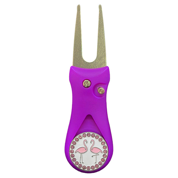 Giggle Golf Bling Pink Flamingos Ball Marker On A Plastic, Purple, Divot Repair Tool