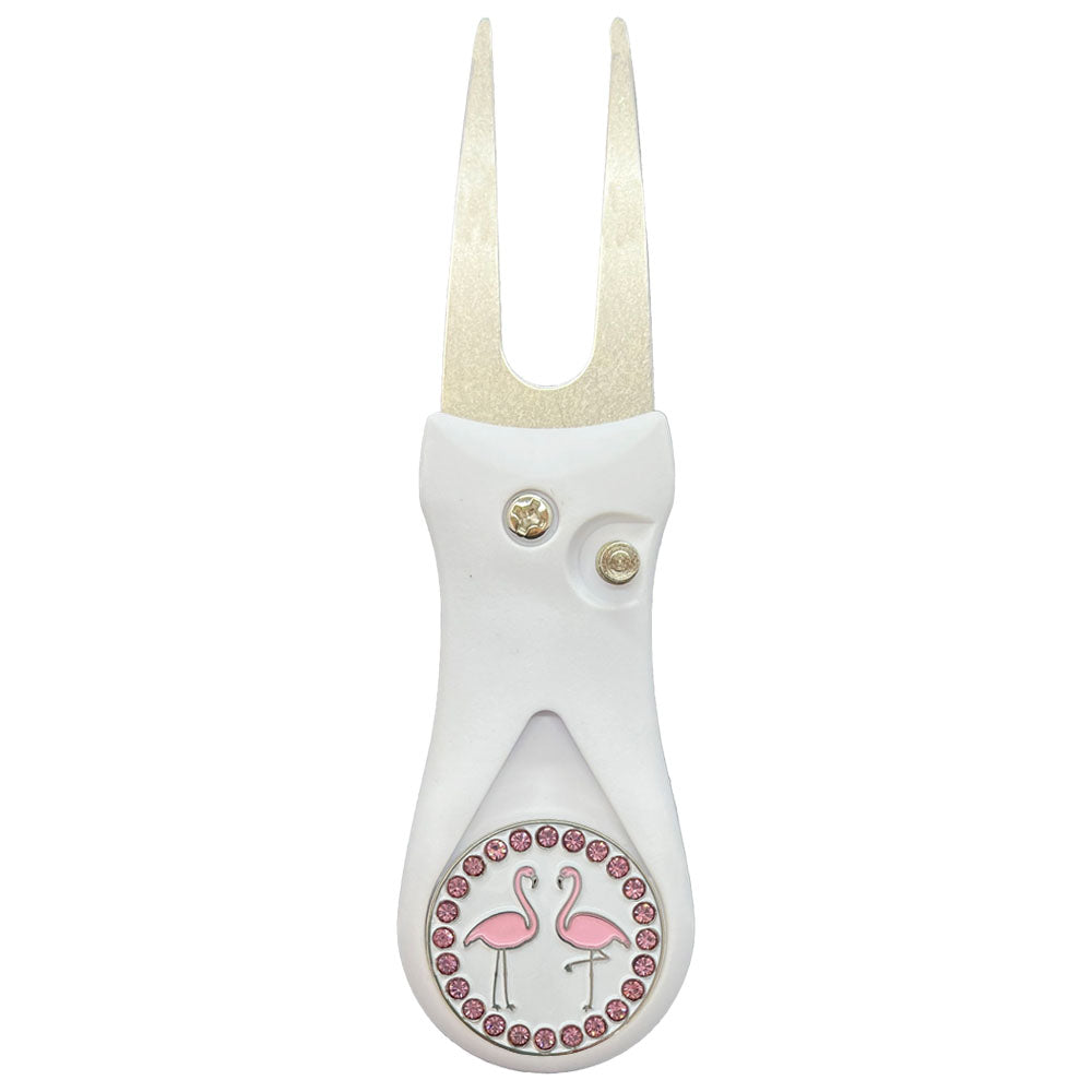 Giggle Golf Bling Flamingos Ball Marker On A Plastic, White, Divot Repair Tool