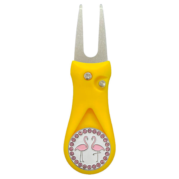 Giggle Golf Bling Pink Flamingos Ball Marker On A Plastic, Yellow, Divot Repair Tool