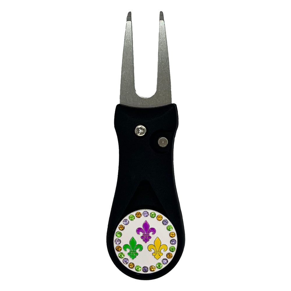 Giggle Golf Bling Fleur-de-lis Golf Ball Marker On A Plastic, Black, Divot Repair Tool