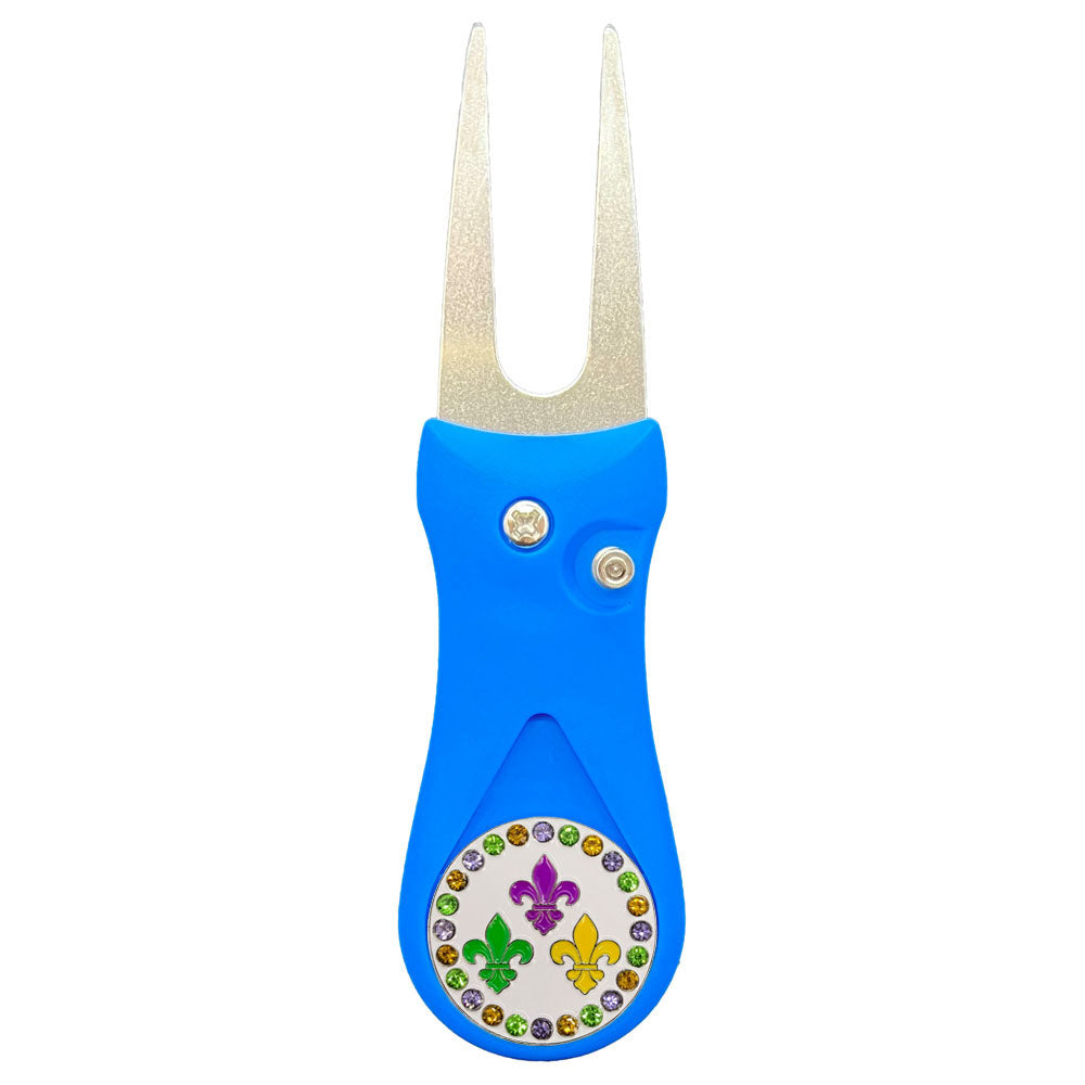 Giggle Golf Bling Fleur-de-lis Golf Ball Marker On A Plastic, Blue, Divot Repair Tool