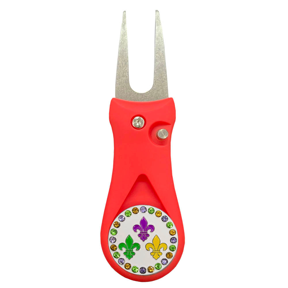 Giggle Golf Bling Fleur-de-lis Golf Ball Marker On A Plastic, Red, Divot Repair Tool