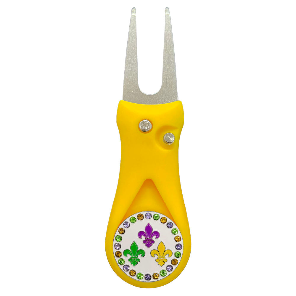 Giggle Golf Bling Fleur-de-lis Golf Ball Marker On A Plastic, Yellow, Divot Repair Tool