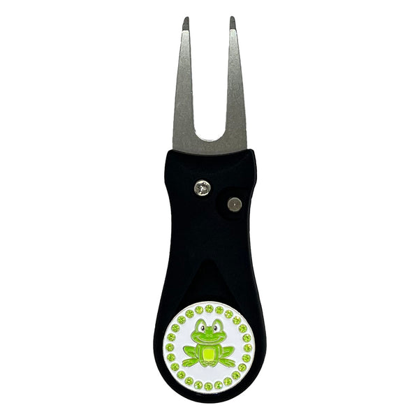 Giggle Golf Bling Green Frog Ball Marker On A Plastic, Black, Divot Repair Tool