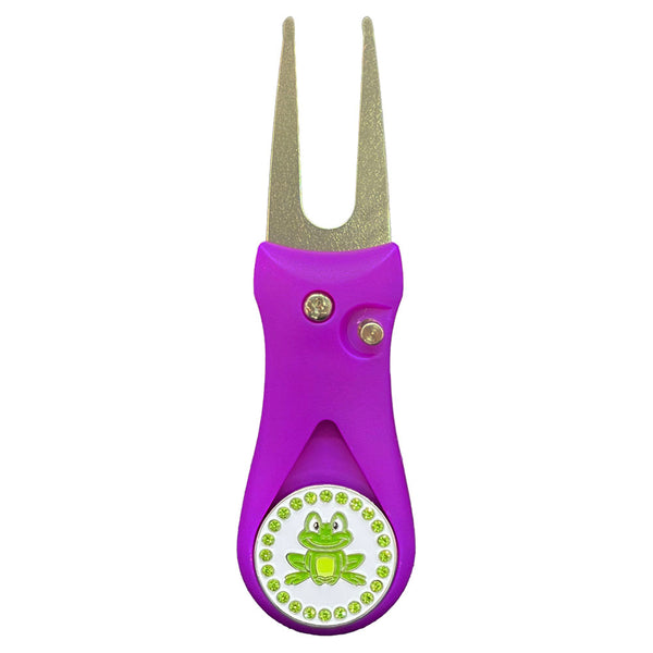 Giggle Golf Bling Green Frog Ball Marker On A Plastic, Purple, Divot Repair Tool