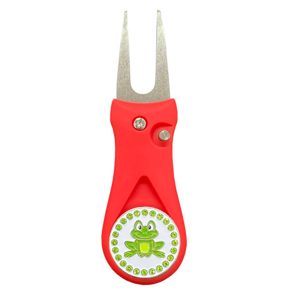 Giggle Golf Bling Green Frog Ball Marker On A Plastic, Red, Divot Repair Tool
