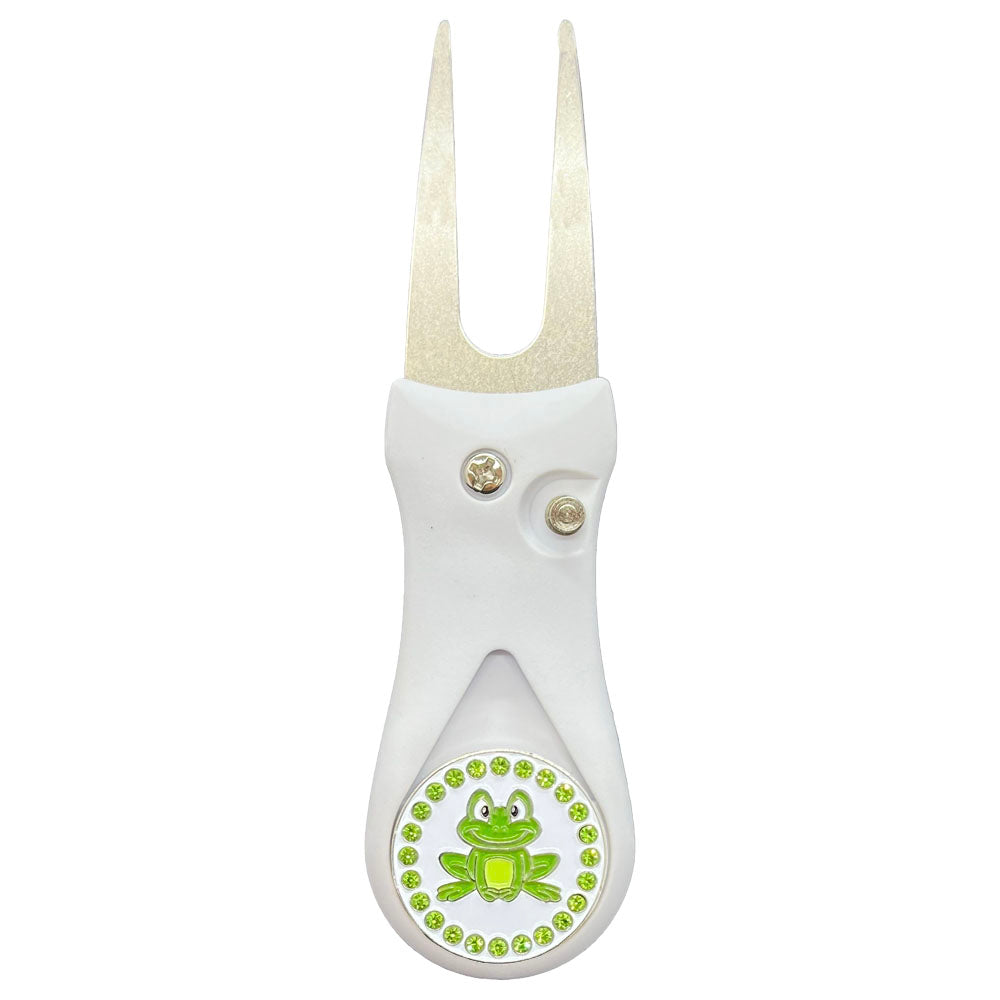 Giggle Golf Bling Green Frog Ball Marker On A Plastic, White, Divot Repair Tool