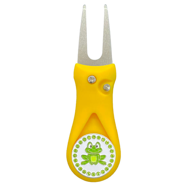 Giggle Golf Bling Green Frog Ball Marker On A Plastic, Yellow, Divot Repair Tool
