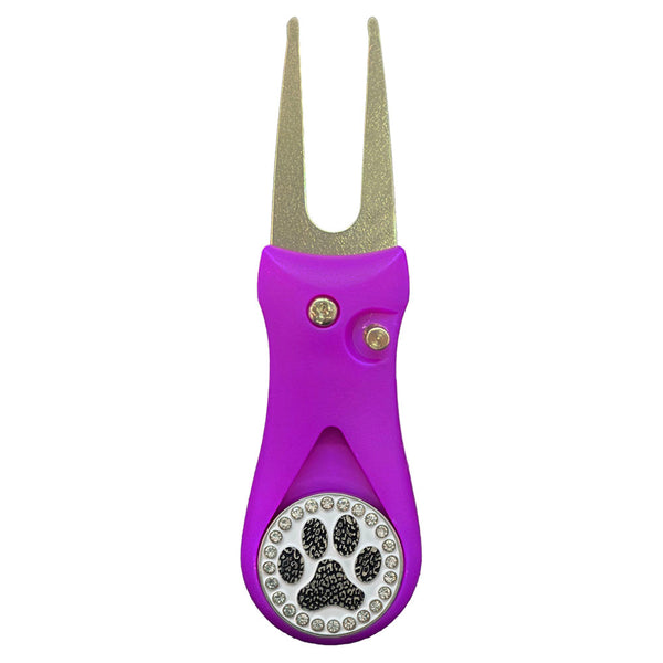 Giggle Golf Bling Paw Print (black) Ball Marker On A Plastic, Purple, Divot Repair Tool