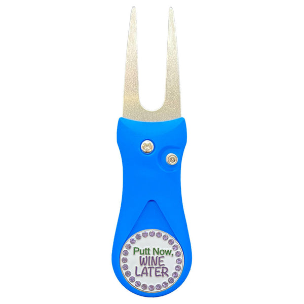 Giggle Golf Bling Putt Now Wine Later Ball Marker On A Plastic, Blue, Divot Repair Tool