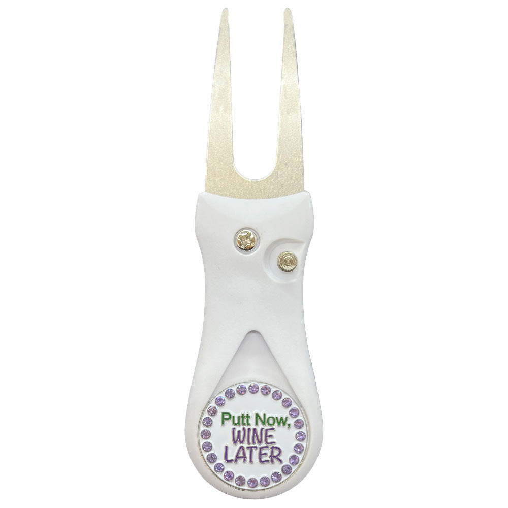 Giggle Golf Bling Putt Now Wine Later Ball Marker On A Plastic, White, Divot Repair Tool