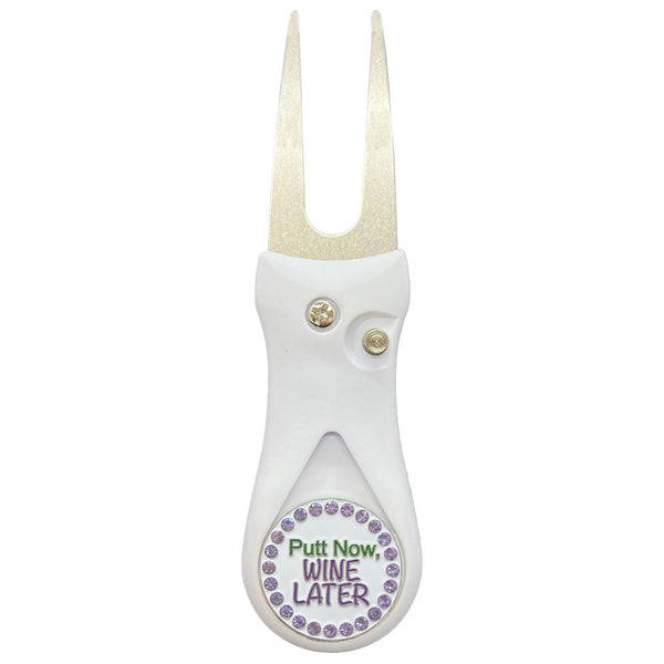 Giggle Golf Bling Putt Now Wine Later Ball Marker On A Plastic, White, Divot Repair Tool