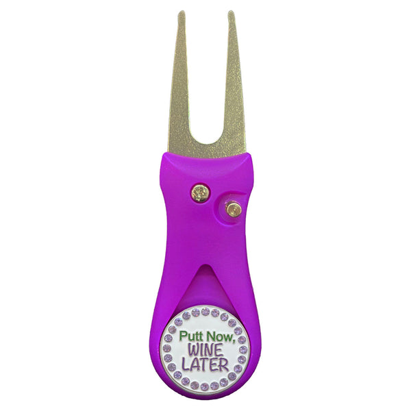 Giggle Golf Bling Putt Now Wine Later Ball Marker On A Plastic, Purple, Divot Repair Tool