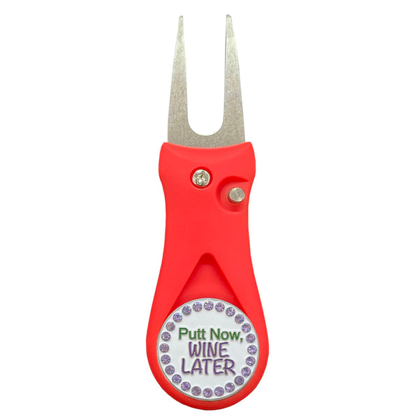 Giggle Golf Bling Putt Now Wine Later Ball Marker On A Plastic, Red, Divot Repair Tool