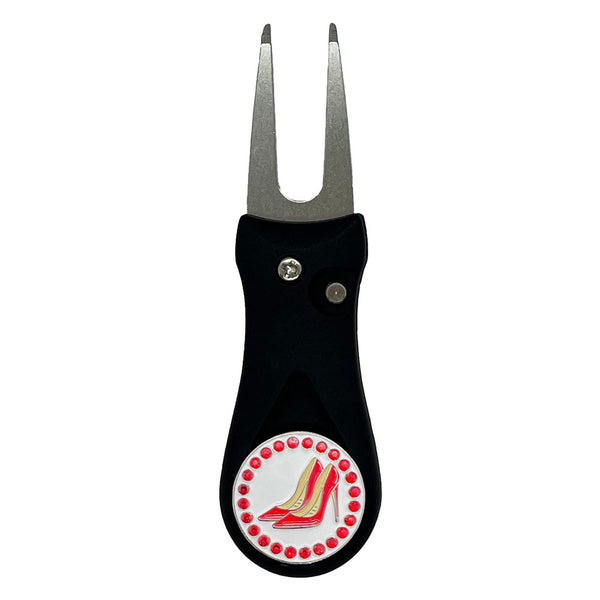 Giggle Golf Bling Red High Heels Ball Marker On A Plastic, Black, Divot Repair Tool