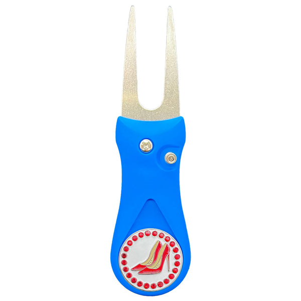 Giggle Golf Bling Red High Heels Ball Marker On A Plastic, Blue, Divot Repair Tool
