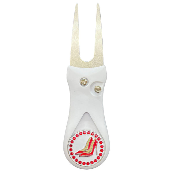 Giggle Golf Bling Red High Heels Ball Marker On A Plastic, White, Divot Repair Tool