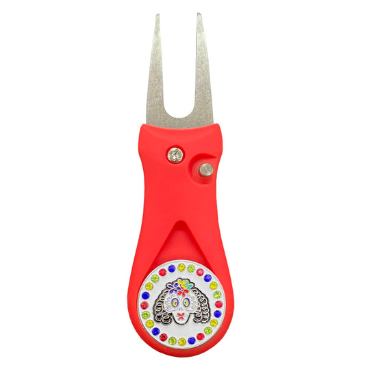 Giggle Golf Bling Sugar Skull Ball Marker On A Plastic, Red, Divot Repair Tool