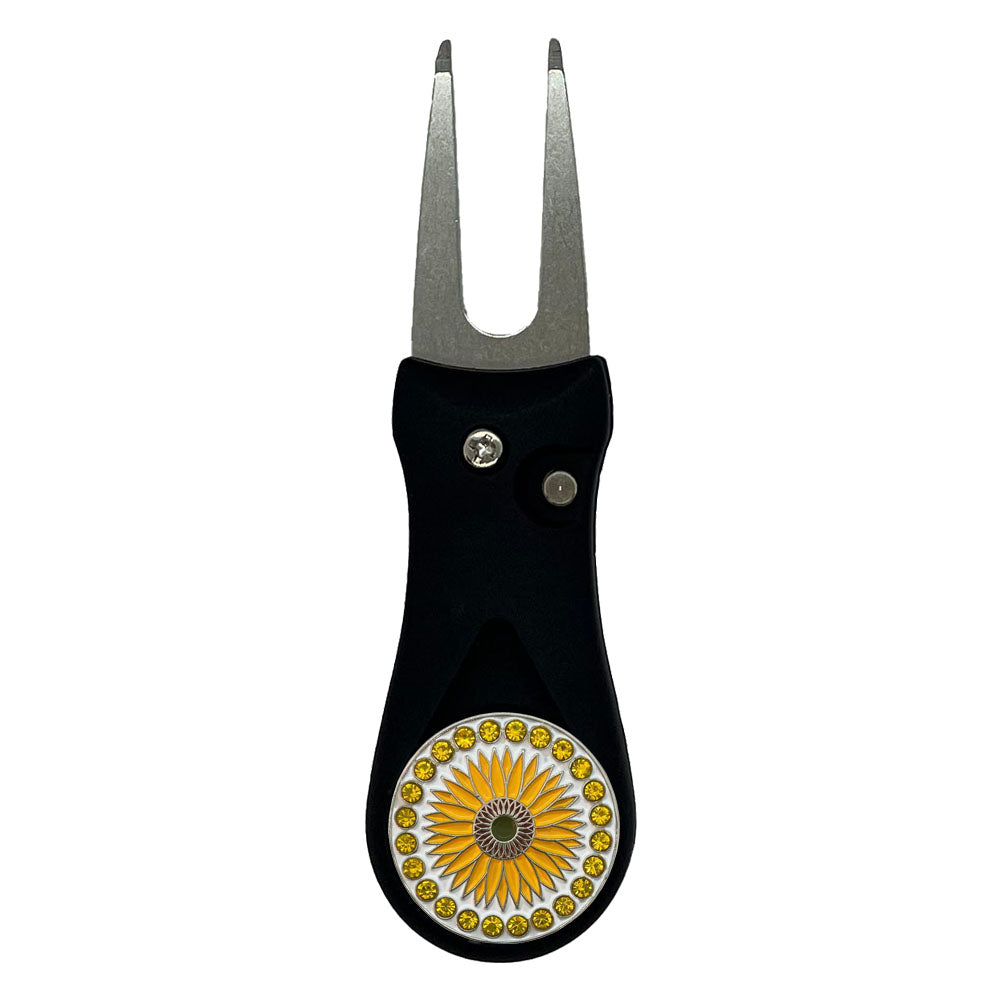 Giggle Golf Bling Sunflower Ball Marker On A Plastic, Black, Divot Repair Tool