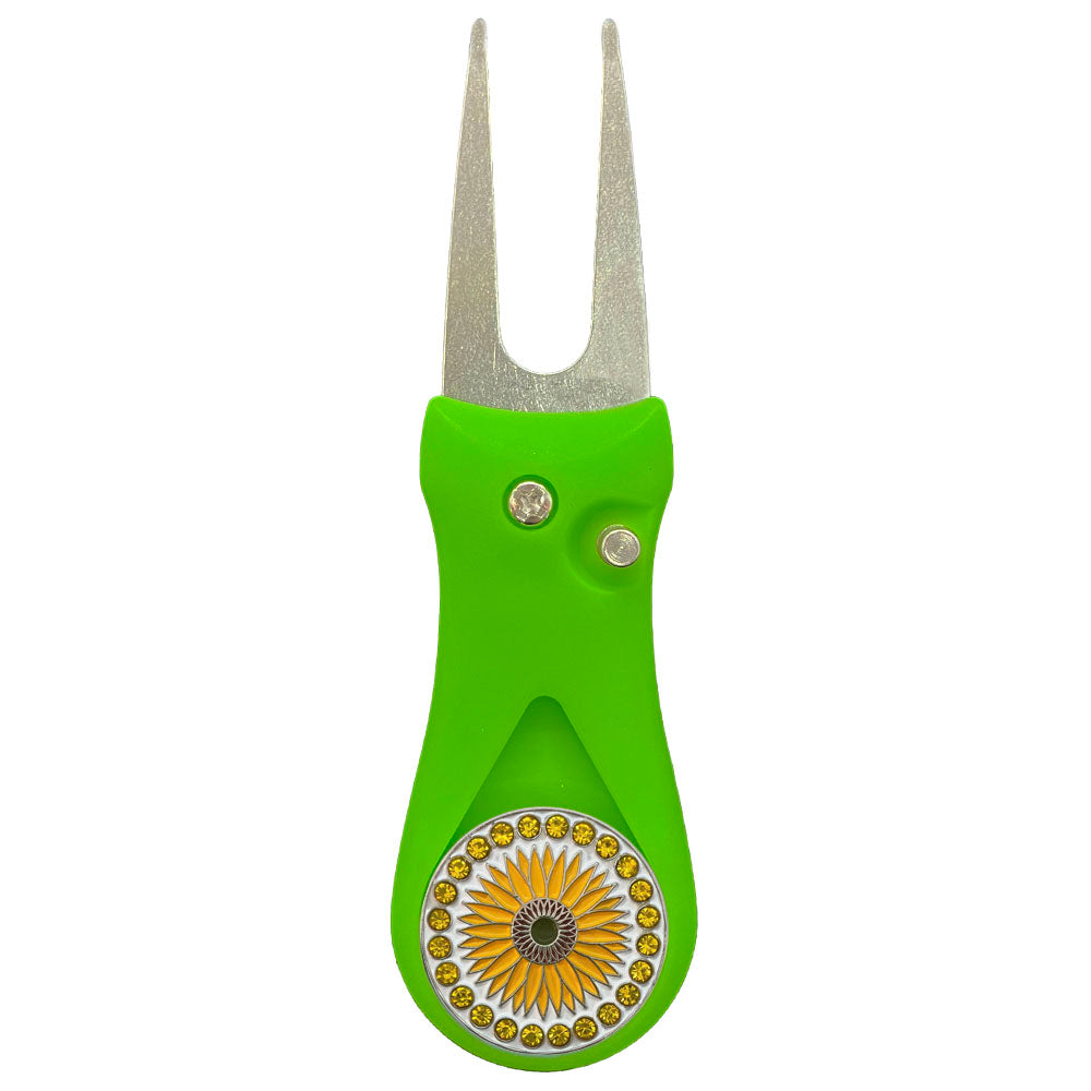 Giggle Golf Bling Sunflower Ball Marker On A Plastic, Green, Divot Repair Tool